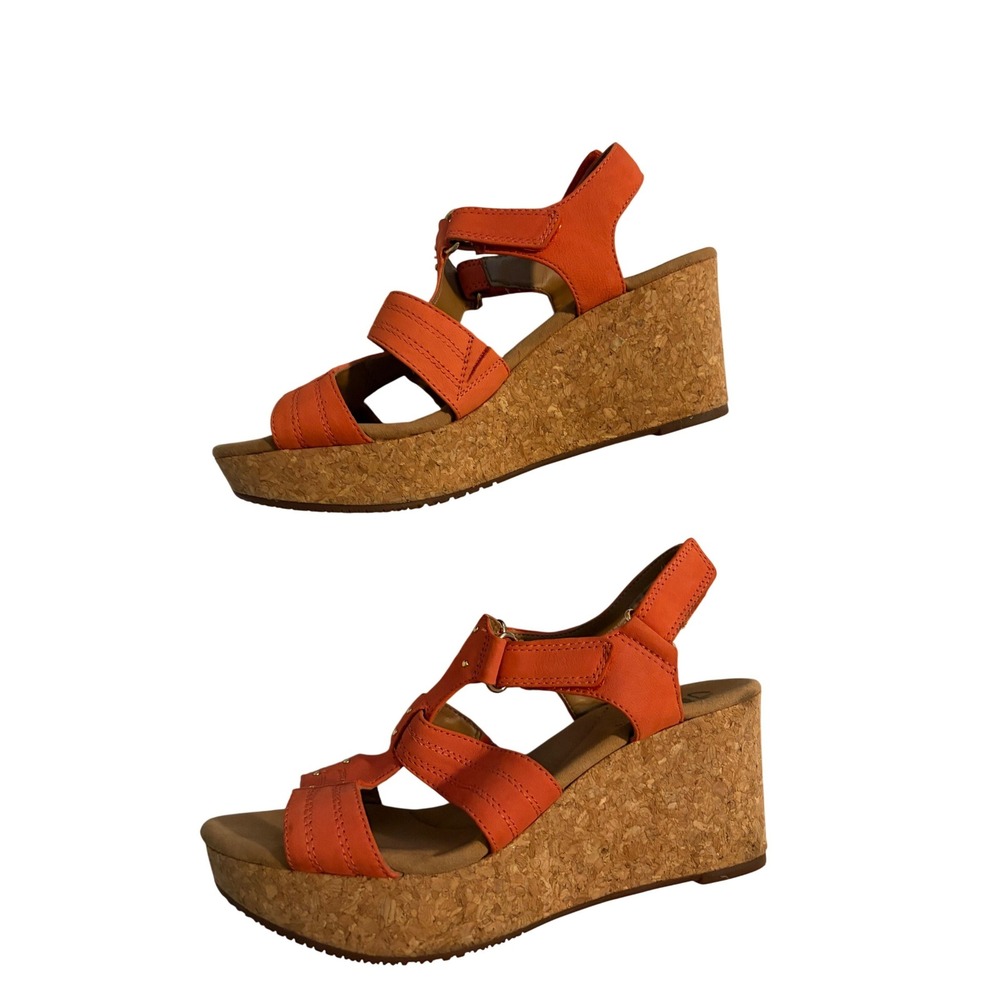 Clarks Wedge Sandals Boho Orange Leather Cork Platform 8.5M